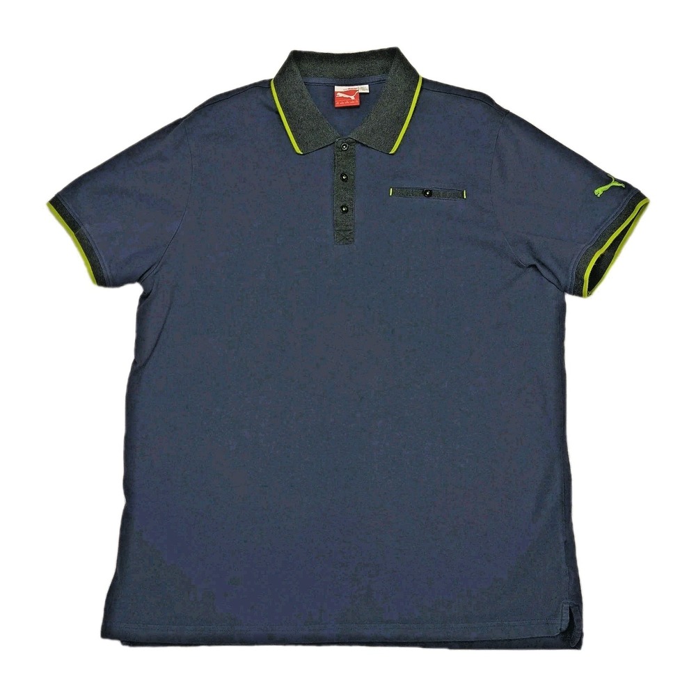 Puma Mens Sport Lifestyle Polo Shirt XXL Navy Blue Gray Lime Trim Short Sleeve